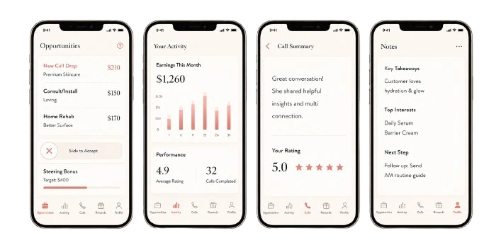 Allure app screens for opportunities, activity, call summary, and notes