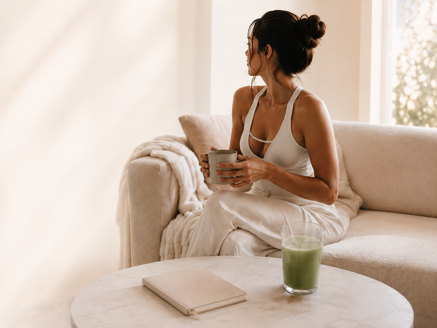 Woman relaxing with coffee on a sofa