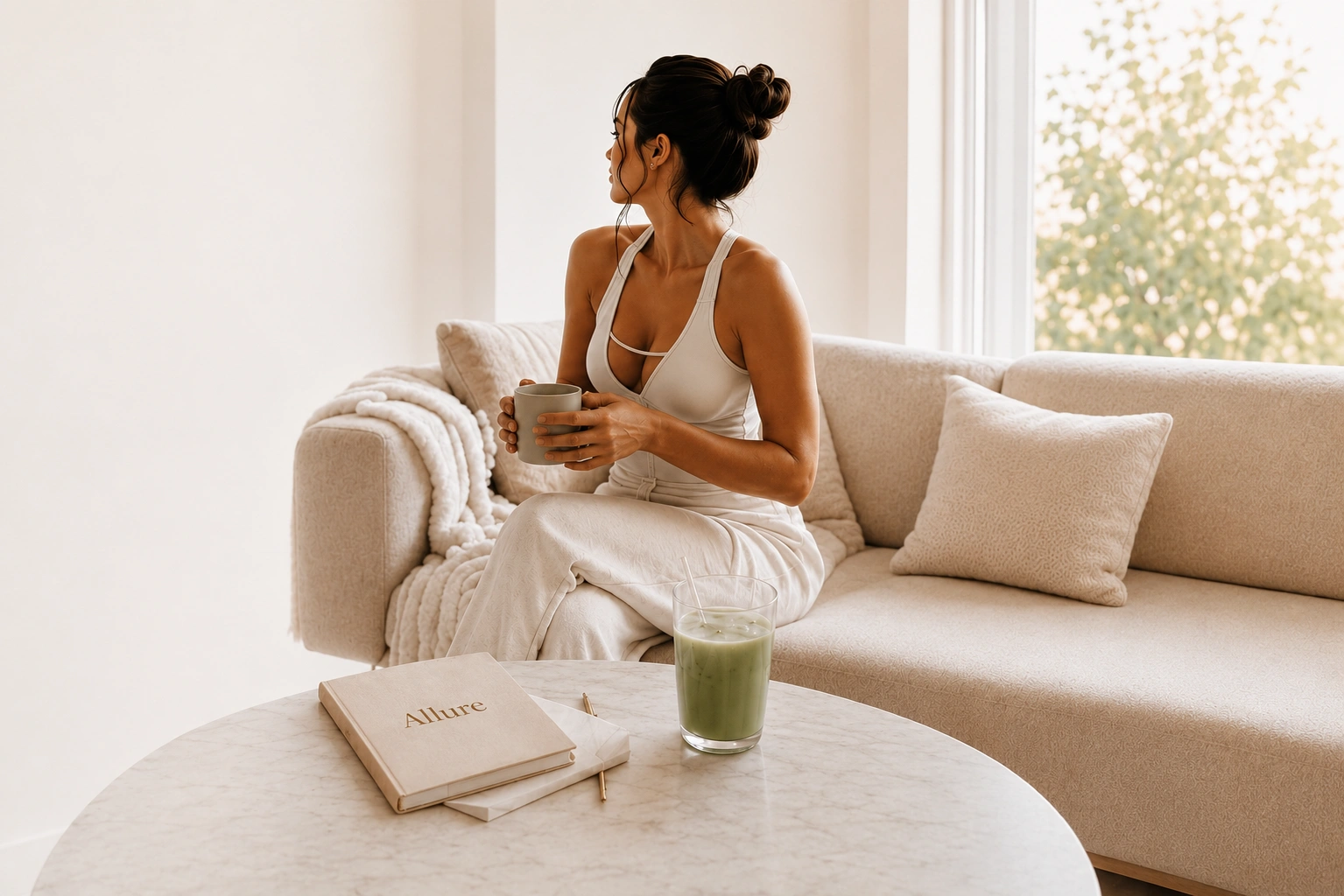 Woman relaxing with coffee on a sofa