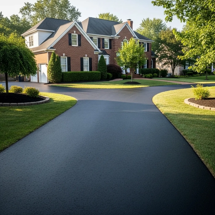 Before driveway sealcoating - cracked and faded gray asphalt in Louisville KY