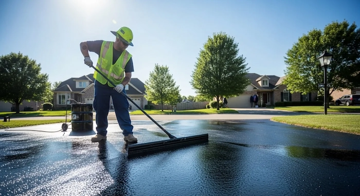 Professional driveway sealcoating crew applying commercial-grade sealant in Louisville KY