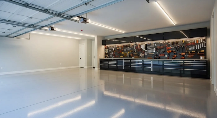 Garage floor epoxy coating with gray flake finish in Louisville KY home